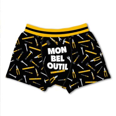 Boxer homme noir motif outils avec inscription “Mon Bel Outil” | jourdefete.com Boxer homme noir motif outils avec inscription “Mon Bel Outil” | jourdefete.com