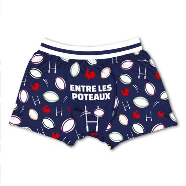 Boxer homme bleu marine motif rugby avec inscription “Entre les poteaux” | jourdefete.com