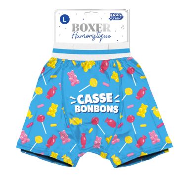 Boxer humoristique bleu avec motifs de bonbons colorés et inscription Casse Bonbons | jourdefete.com