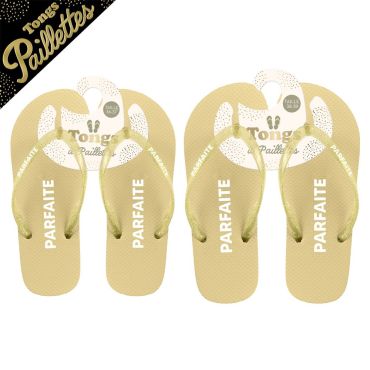 Paire de tongs colorées avec lanières à paillettes et message humoristique pour femme | jourdefete.com