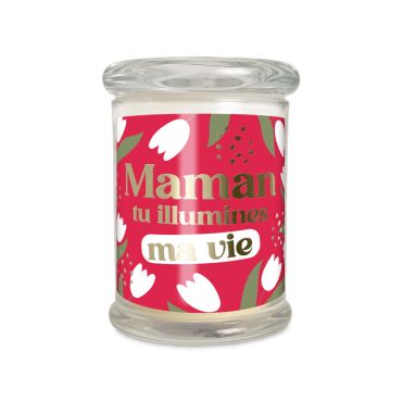 Bougie en verre avec couvercle, motifs floraux de tulipes et messages dorés tendres pour la fête des mères, deux modèles au choix | jourdefete.com