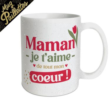 Mug blanc scintillant à paillettes avec message tendre pour la fête des mères, décoré de tulipes rouges et de détails dorés | jourdefete.com