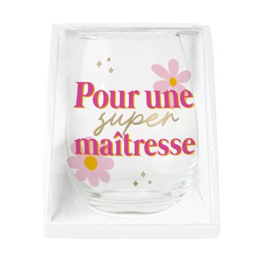 Verre rond transparent avec l'inscription rose et dorée Pour une super maîtresse entourée de fleurs | jourdefete.com