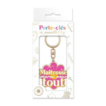 Porte-clés pailleté rose en forme de fleur Maîtresse merci pour tout | jourdefete.com