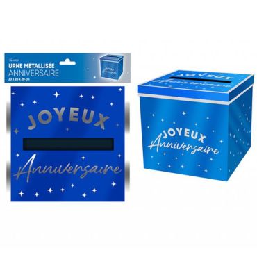 Urne anniversaire bleue métallisée avec inscription « Joyeux Anniversaire » | jourdefete.com