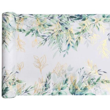 Un chemin de table avec des feuilles vertes et dorées pour la table de votre événement | jourdefete.com