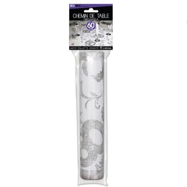Chemin de table Anniversaire blanc motifs paillettes Argent – 60 ans | jourdefete.com
