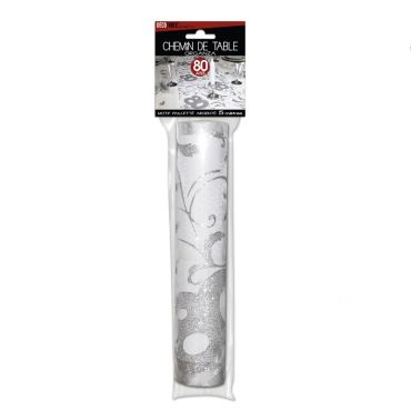 Chemin de table Anniversaire blanc motifs paillettes Argent – 80 ans | jourdefete.com