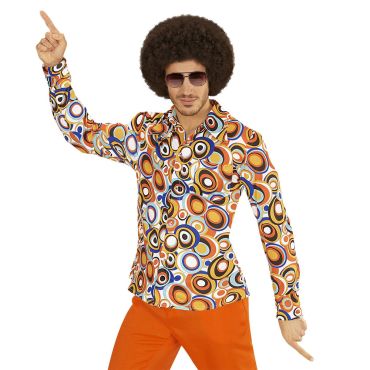 Homme en chemise disco orange à motifs bulles années 70, look funky et rétro | jourdefete.com