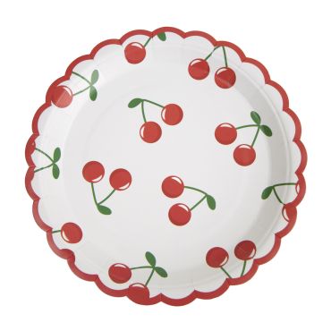 Assiettes en carton blanche bordure rouge festonnée avec motif cerise | jourdefete.com