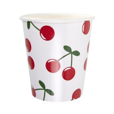 Gobelets en carton blanc avec motif cerises rouges et feuilles vertes | jourdefete.com