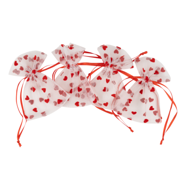 Pochons en organza blanc avec motifs cœurs rouges, emballage romantique | jourdefete.com