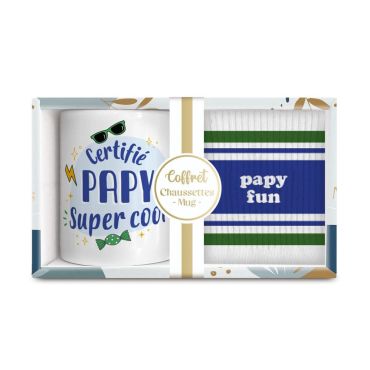 Coffret cadeau mug “Certifié papy super cool” et chaussettes “Papy fun” | jourdefete.com