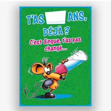 Carte d'anniversaire ze souris avec âge à compléter et une souris qui tient un biberon