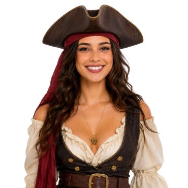 Gros plan sur un collier pirate doré avec pendentif tête de mort porté par une femme en costume | jourdefete.com