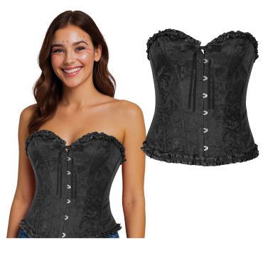 Jeune femme souriante portant un corset noir bustier à motifs floraux avec bordures en dentelle et fermoirs métalliques | jourdefete.com Jeune femme souriante portant un corset noir bustier à motifs floraux avec bordures en dentelle et fermoirs métalliques | jourdefete.com