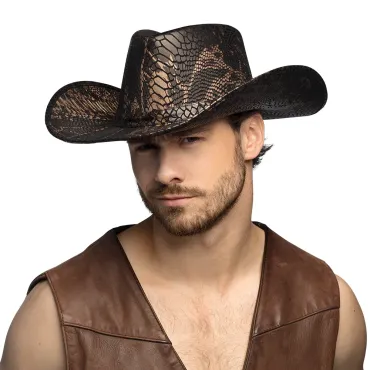 Chapeau Cobra avec imitation de peau de serpent, idéal pour les soirées western | jourdefete.com