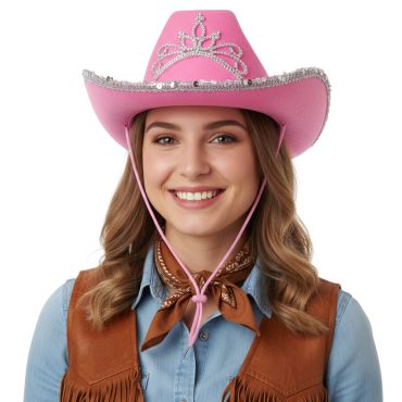 Chapeau de cowgirl rose avec diadème scintillant pour fête et déguisement | jourdefete.com