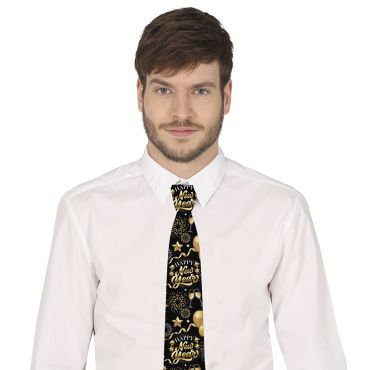 Cravate festive noire et or avec motifs “Happy New Year” | jourdefete.com Cravate festive noire et or avec motifs “Happy New Year” | jourdefete.com