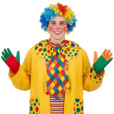 Modèle déguisé en clown souriant avec une maxi cravate à losanges multicolores | jourdefete.com Modèle déguisé en clown souriant avec une maxi cravate à losanges multicolores | jourdefete.com
