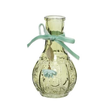 Vase en verre - Ruban en satin avec fleur et feuille dorée - 11,5 cm - Couleur au choix | jourdefete.com