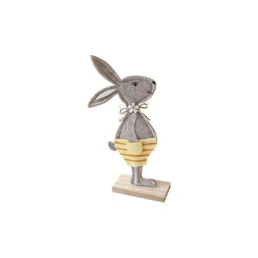 Lapin en feutrine avec short rayé jaune et orange sur socle bois | jourdefete.com