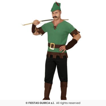 Déguisement homme Robin des Bois avec chapeau vert, tunique et accessoires.