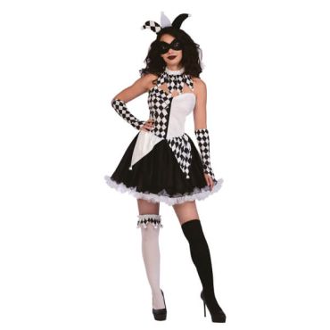 Déguisement femme Arlequin noir et blanc avec robe et accessoires | jourdefete.com