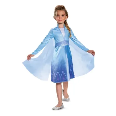 Robe classique Elsa de "La Reine des Neiges 2" pour enfant, costume féérique avec cape bleue scintillante | jourdefete.com
