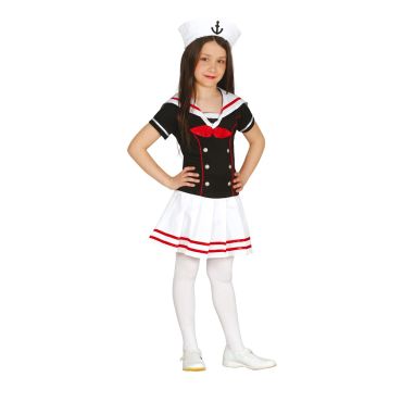 Fille déguisée en marin avec robe noire et blanche et chapeau à ancre | jourdefete.com