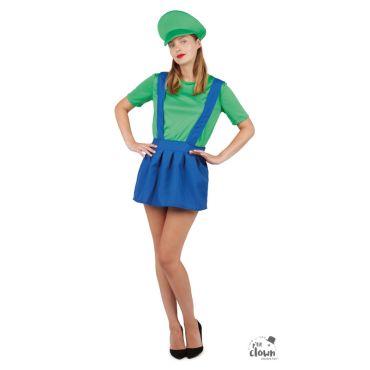 Femme en déguisement de plombier vert et bleu avec casquette | jourdefete.com