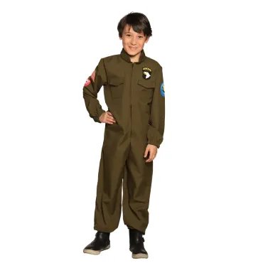 Déguisement pilote de jet garçon combinaison kaki avec écussons aviateur | jourdefete.com