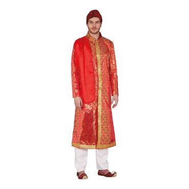 Homme déguisé en prince indien avec tunique rouge et turban | jourdefete.com