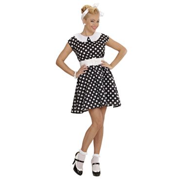 Déguisement années 50 femme robe noire à pois blancs avec ceinture et col vintage | jourdefete.com
