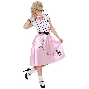 Déguisement années 50 femme avec jupe poodle rose et haut à pois noirs | jourdefete.com