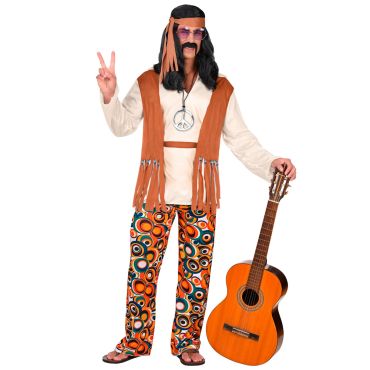 Déguisement hippie homme avec pantalon psychédélique, gilet à franges et collier peace & love | jourdefete.com