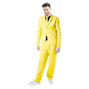 Homme portant un costume jaune vif avec veste et pantalon assortis, style rétro années 80. Homme portant un costume jaune vif avec veste et pantalon assortis, style rétro années 80.