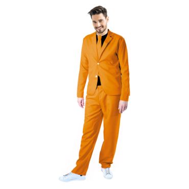 Homme portant un costume orange fluo avec le pantalon, la cravate et la veste assortie. Homme portant un costume orange fluo avec le pantalon, la cravate et la veste assortie.