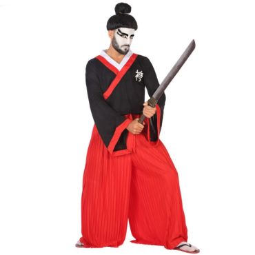 Déguisement samouraï homme noir et rouge avec pantalon large et katana.