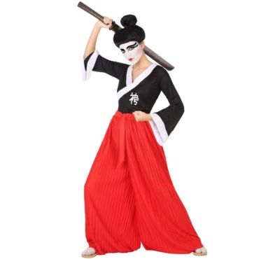 Déguisement de samouraï noir et rouge pour femme avec haut croisé et pantalon ample plissé.