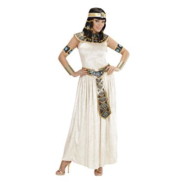 Déguisement femme Cléopâtre longue robe blanche avec col doré et ceinture égyptienne décorée.