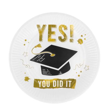 Assiettes en carton blanche et dorée avec mortier de diplômé pour fête de fin d'études | jourdefete.com Assiettes en carton blanche et dorée avec mortier de diplômé pour fête de fin d'études | jourdefete.com