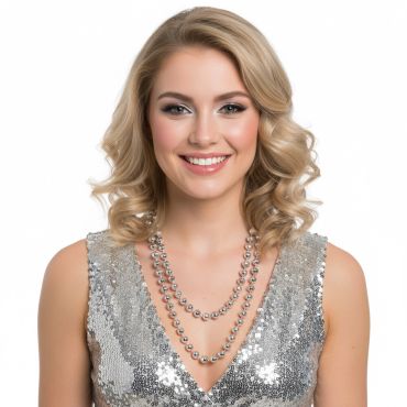 Collier disco à deux rangs de perles argentées | jourdefete.com