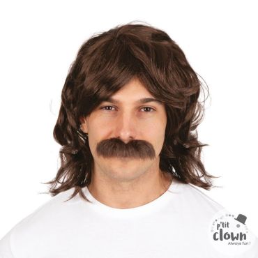 Perruque disco brune et moustache rétro | jourdefete.com