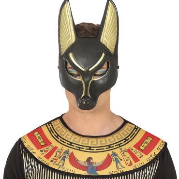 Homme portant un demi-masque de la divinité égyptienne Anubis noir et or | jourdefete.com