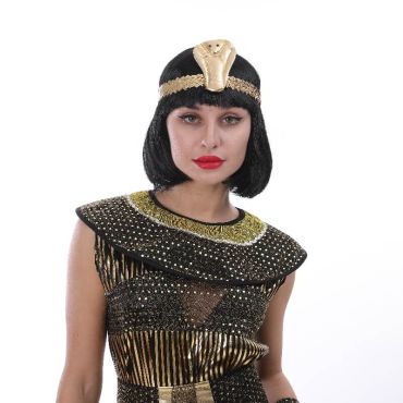 Perruque de Cléopâtre cheveux courts noirs avec bandeau doré surmonté d'un serpent.