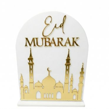 Décoration de table arche blanche avec inscription Eid Mubarak et silhouette de mosquée dorée brillante | jourdefete.com
