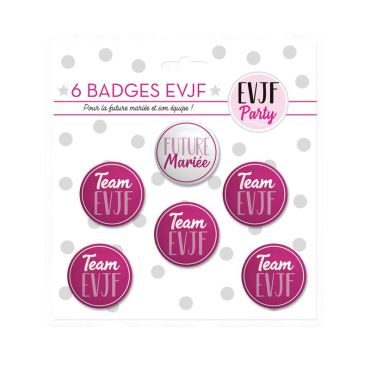 Un lot de 6 badges EVJF pour un enterrement de vie de jeune fille festif | jourdefete.com