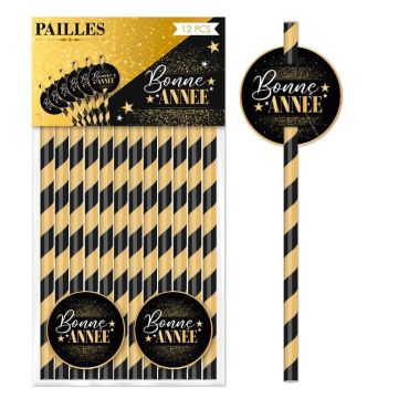 paille en papier avec médaillon bonne année noire et dorée | jourdefete.com