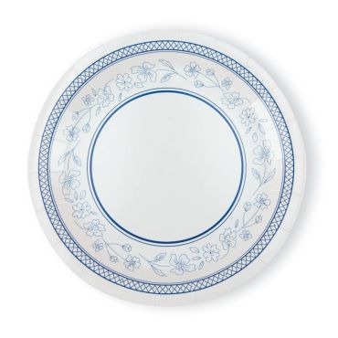 Petites assiettes en carton blanches décorées d'une couronne de fleurs bleues et d'un bord à croisillons | jourdefete.com